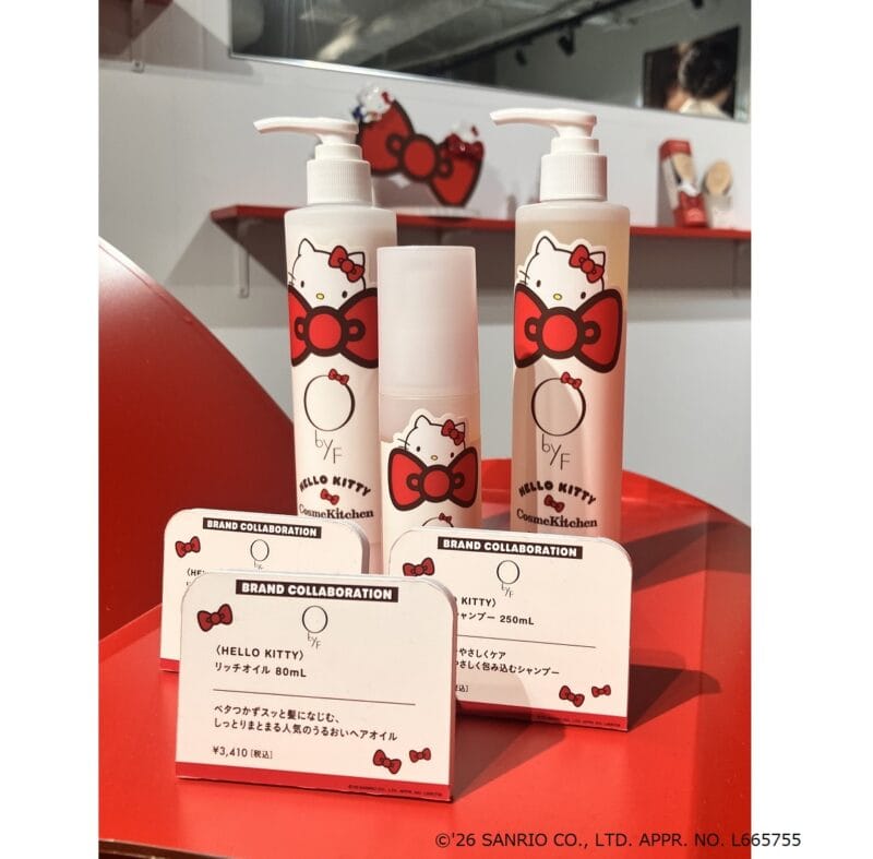 ＜HELLO KITTY＞モイストシャンプー　250ｍL【ObyF】　3,080円(税込) ＜HELLO KITTY＞リペアトリートメント　250g【ObyF】　3,630円(税込) ＜HELLO KITTY＞リッチオイル　80mL【ObyF】　3,410円(税込)