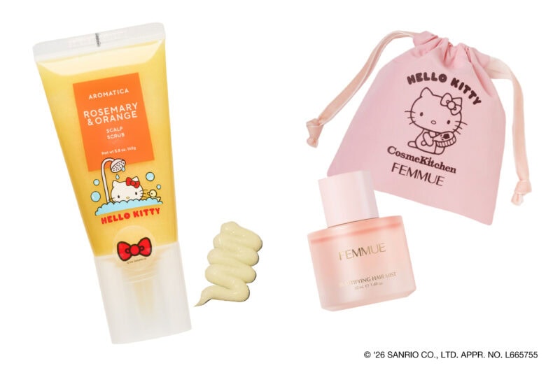 ＜HELLO KITTY＞ビューティファイング ヘアミスト　【FEMMUE】　4,950円(税込) ＜HELLO KITTY＞ローズマリー＆オレンジスカルプ スクラブ　【AROMATICA】　2,310円(税込)