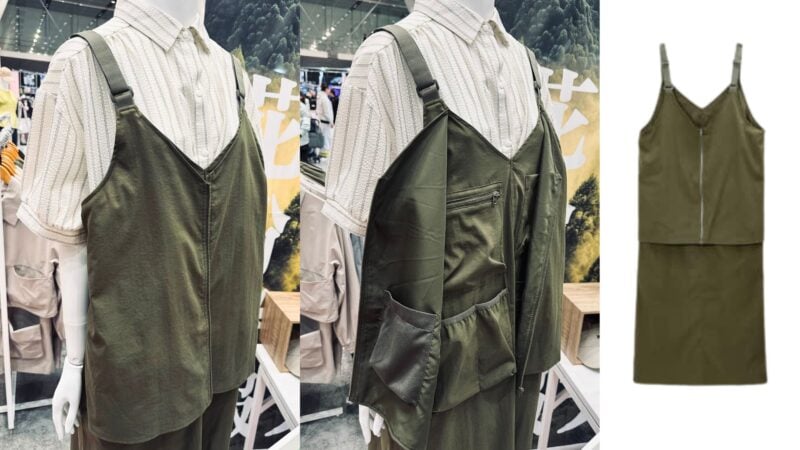 ワークマン2026年春夏レディース新製品：花粉症対策ウェアとして展示されているガーデニングハンズフリーワンピース