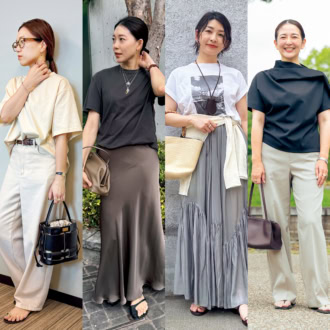 【40代スナップ】40代のTシャツコーデを格上げ！モノトーンでつくるきれいめスタイル4選