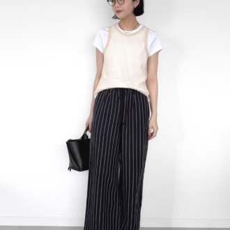 〈着用アイテム〉 Tシャツ/HANES タンクトップ/feepur パンツ/UNIQLO サンダル/UNIQLO バッグ/TODAYFUL メガネ/YUICHI TOYAMA