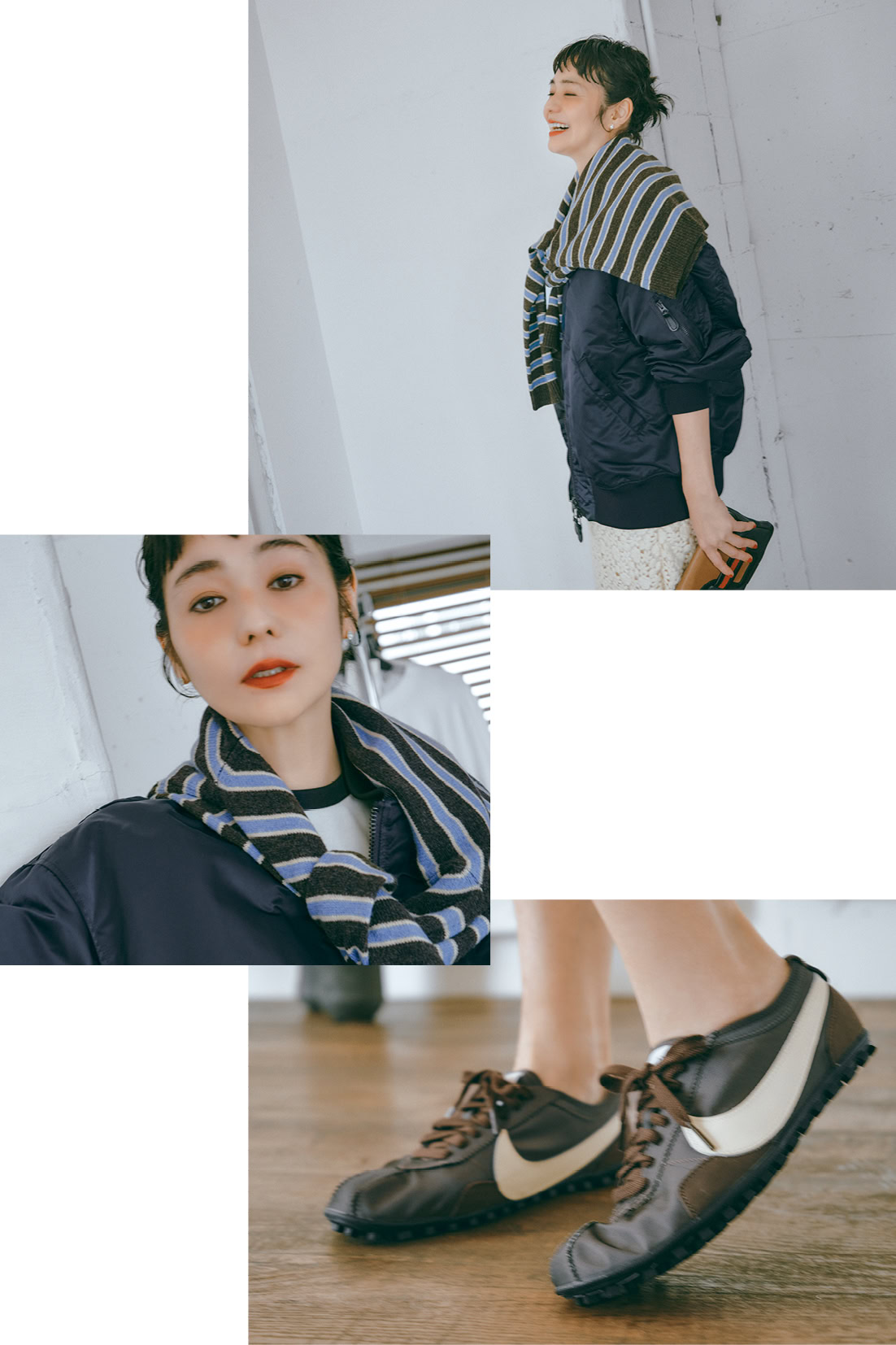 薄底 スニーカー モーヴ＆ブラウン系 オーバーサイズなブルゾンにブルー×ブラウンのボーダーニットをオン。70年代のランニングシューズからインスパイアされたというスニーカーでレトロなムードを高めて。ニットと足もとをブラウンでそろえてバランスよく。ブルゾン9万200円（ハイク／ボウルズ）　ノースリトップス1万3200円（ニコラ ジェンソン／リノウン）　スカート4万6200円（アオイワナカ）　肩がけしたニット4万7300円（バウム・ウンド・ヘルガー テン／S&T）　ピアス33万円（エムアネラ）　バッグ7万9200円（ピエール アルディ／ピエール アルディ 東京）