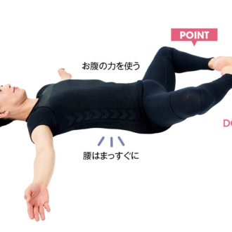 そのままの状態でゆっくりと下ろし足が床につくギリギリで止める。再び上げ下げを繰り返す。