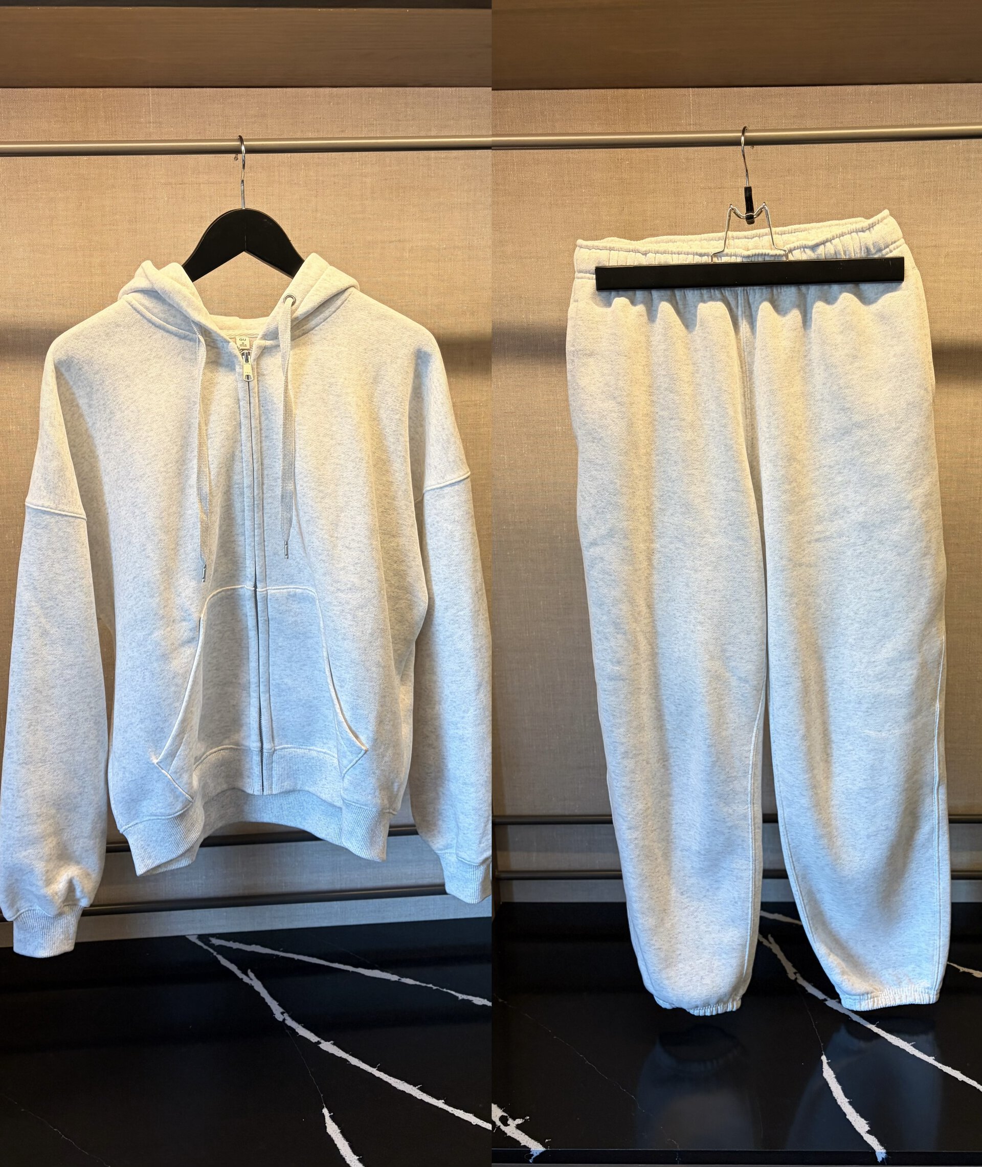 ヘビーウェイトスウェットコクーンフルジップパーカST3,990円、ヘビーウェイトスウェットジョガーパンツST2,990円(共にGU)